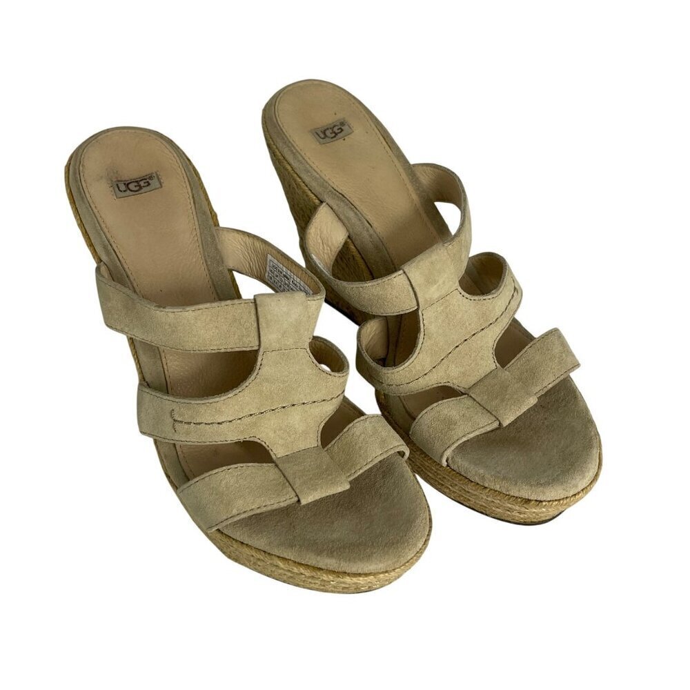 UGG "Tawnie" Beige Suede Wedge Sandals – Size 10